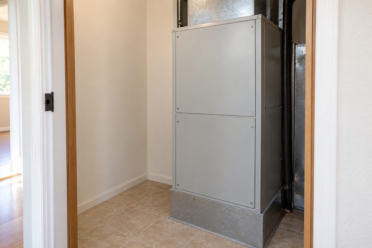 Exterior detail of a closed residential heating cabinet