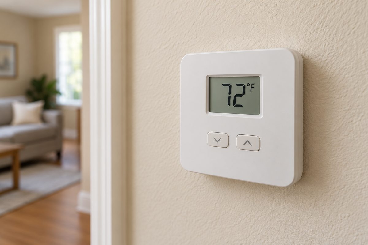 Digital wall thermostat showing 72 degrees in a residential room